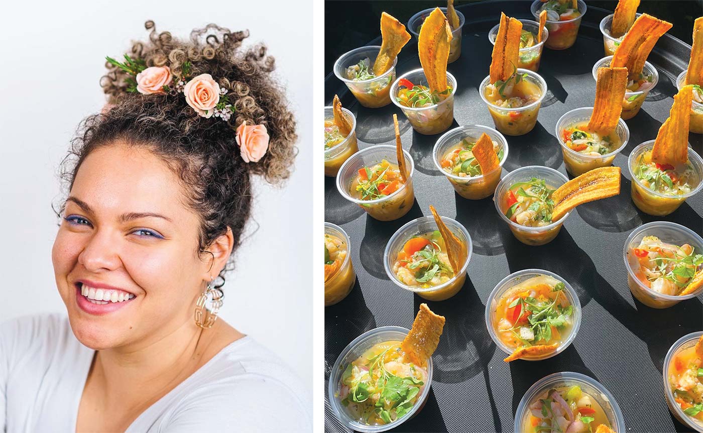 (left)The effervescent and dynamic Maria Lara-Bregatta of Café Mamajuana. (right)Café Mamajuana’s signature plantain chips with shrimp ceviche.