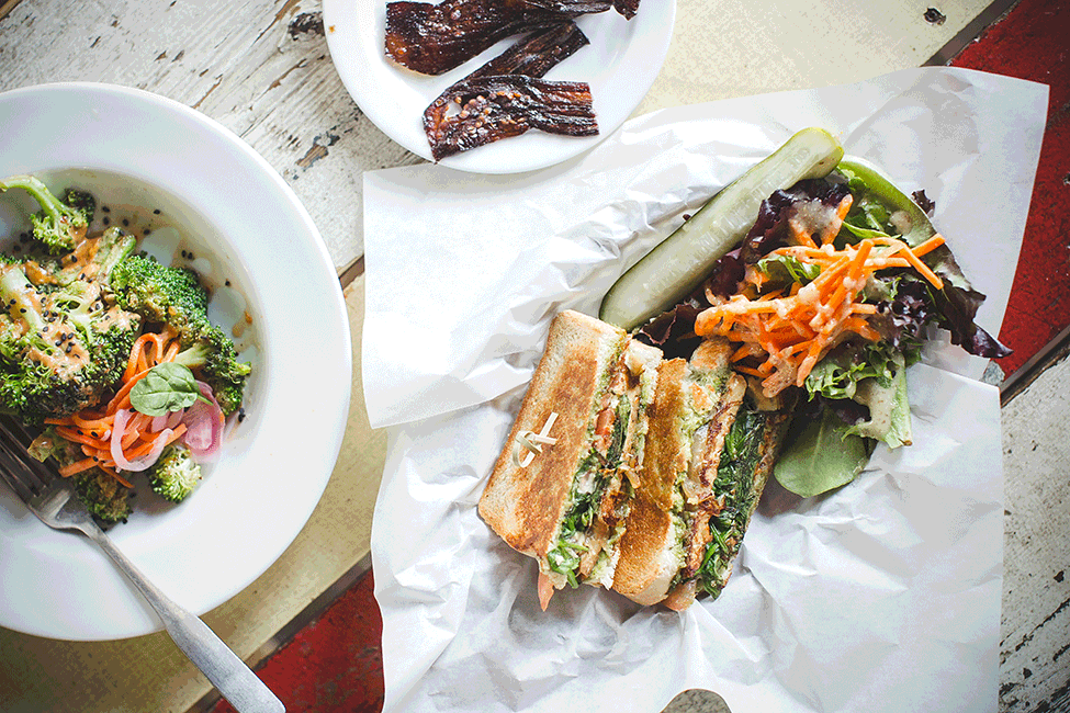  Gouda melt with tempeh sausage, Broccoli bites, Eggplant bacon, Pingala Cafe
