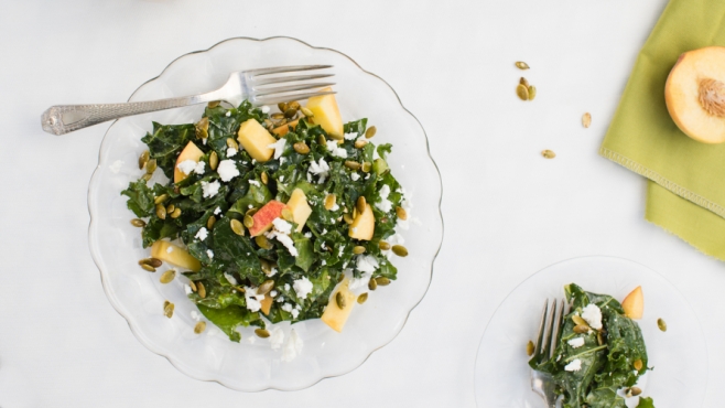 Massaged Kale Salad with Peaches and Asian Peanut Dressing from The Vermont Farm Table Cookbook.