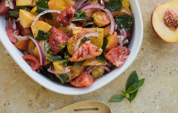 Heirloom Tomato, Peach & Basil Salad recipe from Green Mountain Girls Farm in Northfield, Vermont.
