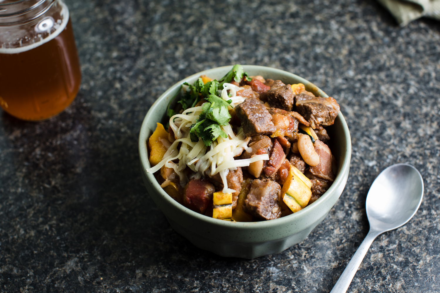 Beef Brisket Chili with Vermont Beer, Delicate Squash and Cannelini Beans from Vermont Caterer.