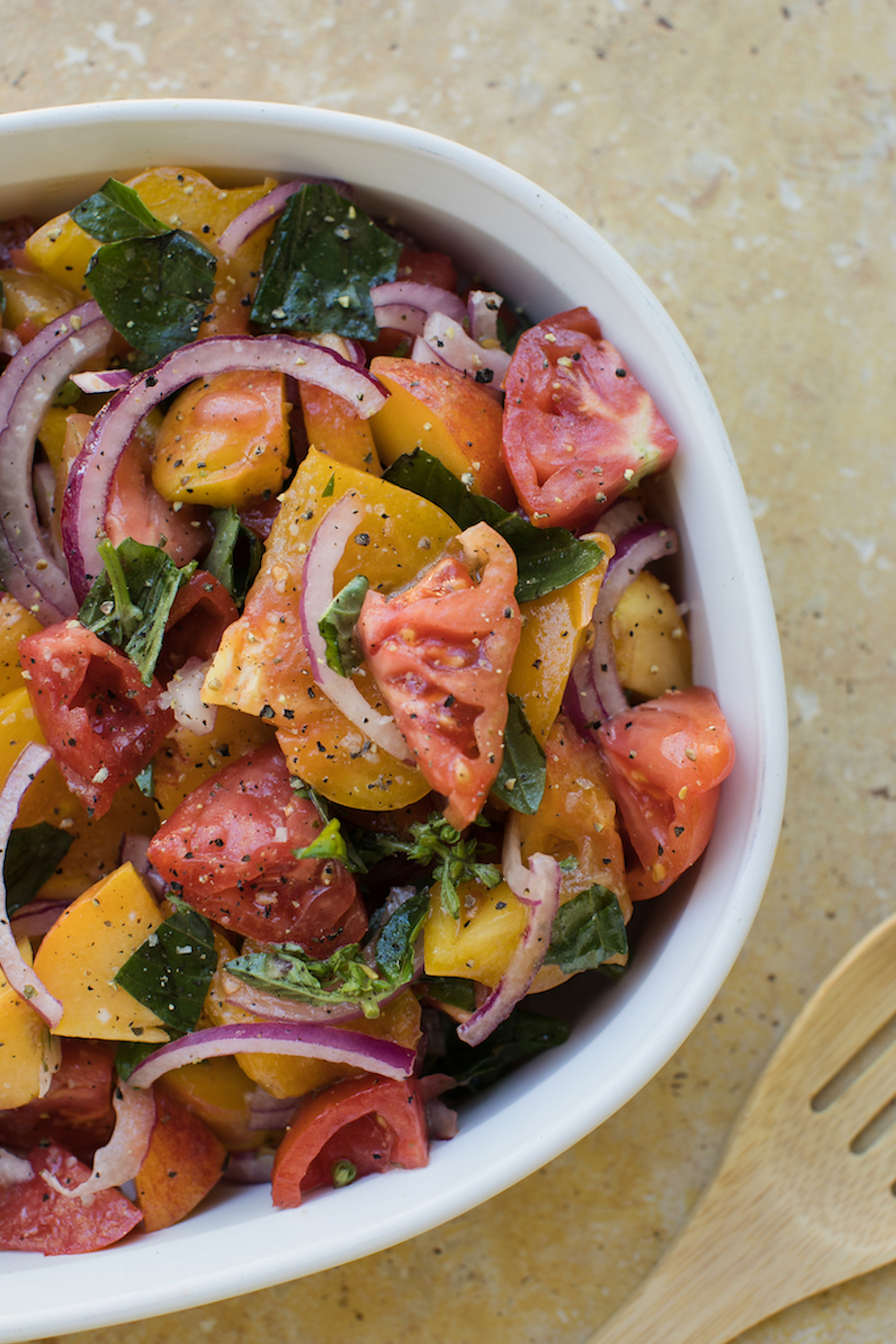 Tomato peach basil salad recipe from farm in Vermont.